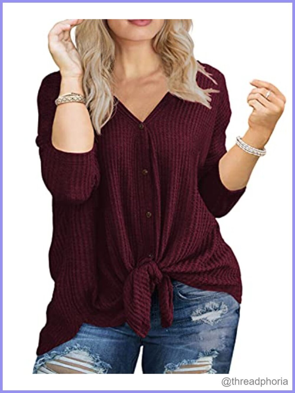 Plus Size Waffle Knit Tunic Top Long Sleeve V Neck Button Front